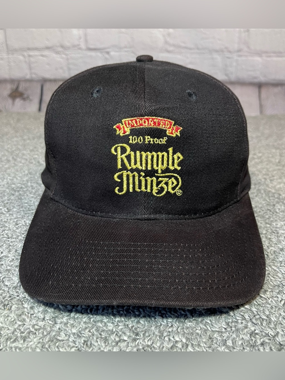 Vintage Rumple Minze Liquor Promo Hat Black 100 Proof Embroidered Snapback